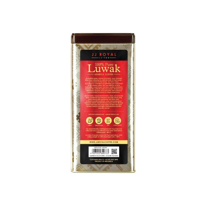 

Jj Royal Coffee 100% Pure Luwak Arabica Ground Tin 100Gr