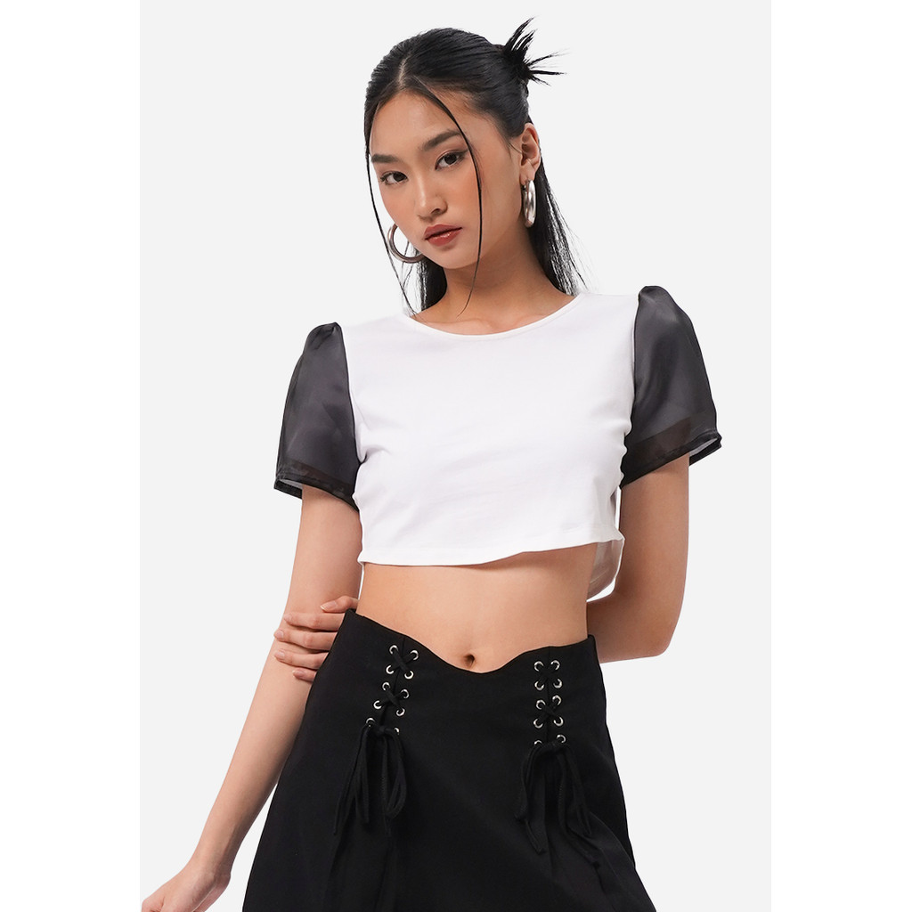 COLORBOX Sheer Puff Sleeves Crop Top Off White