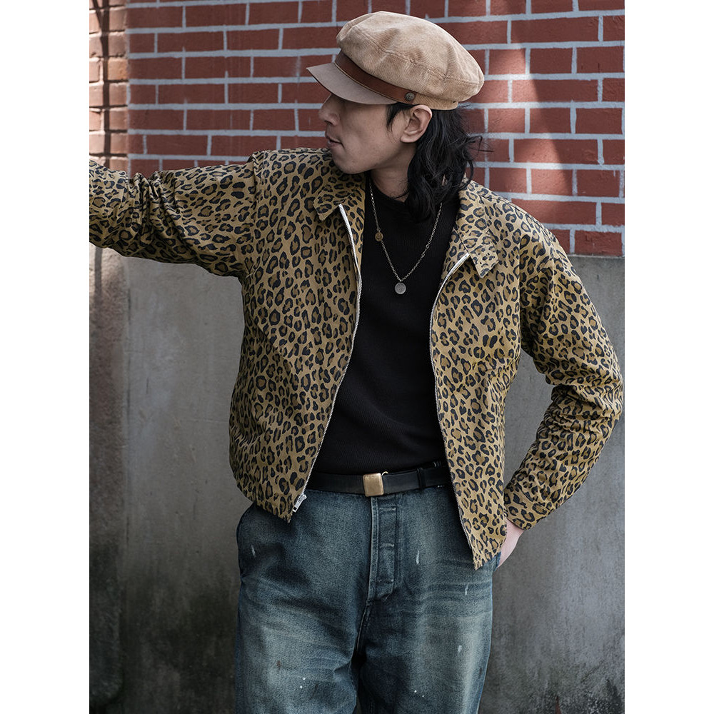 Jaket Kampus Olahraga Retro, Jaket Olahraga Motif Macan Tutul, Kasual, Jaket Kampus Retro untuk Pria