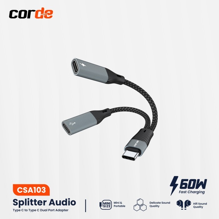 CORDE Type C Audio Splitter & 60W Charger: Dual Type C Splitter CSA103