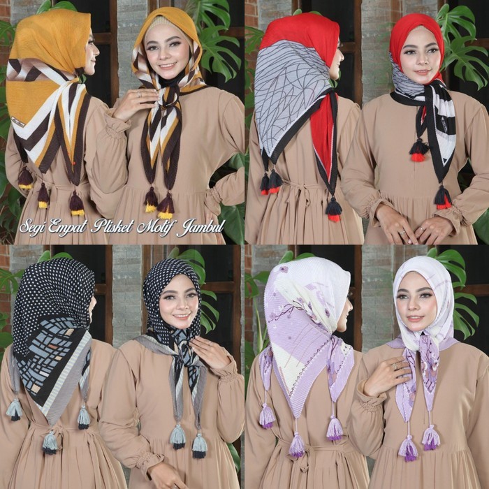 Plisket Bandul Jilbab Voal Motif Pompom Kerudung Segi Empat Motif 2