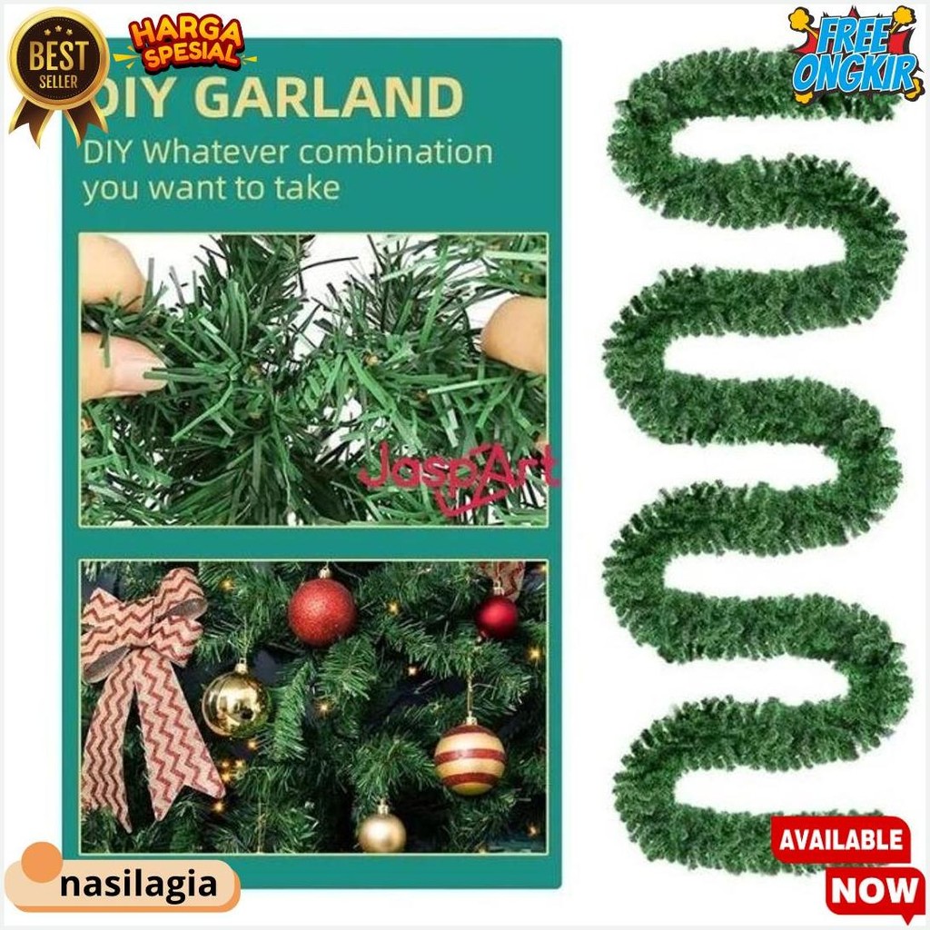 Garland Natal / Daun Garland Hijau / Aksesoris Pohon Natal Hijau Panjang 2,7 Meter Garland Pvc Terla