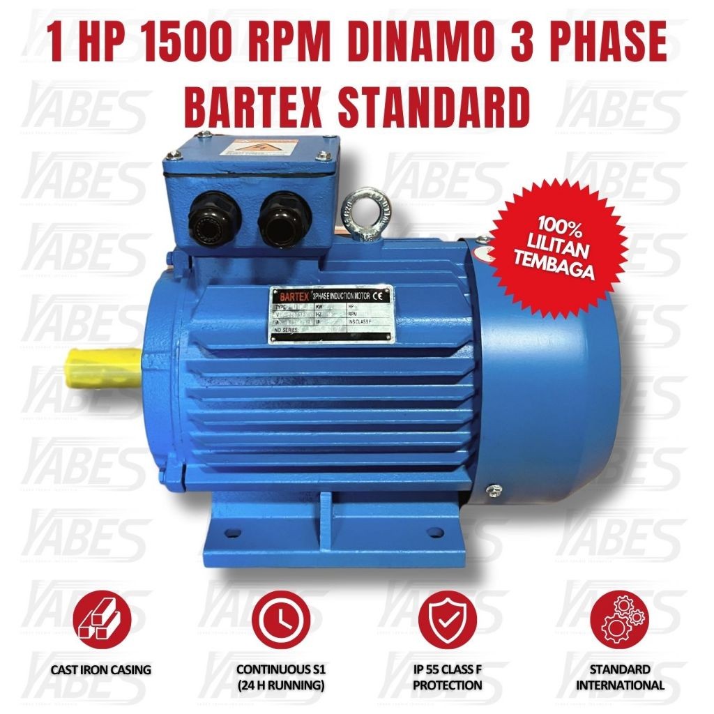 BARTEX Dinamo 3 Phase 380v 1 HP 750 Watt 100% Lilitan Tembaga 1500 RPM Body Cast Iron Elektro Motor 