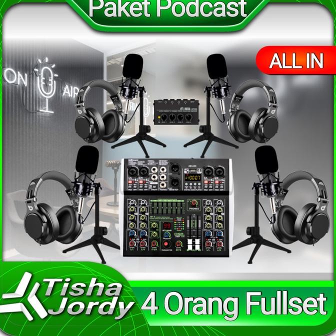 paket podcast 4 orang 4 mic, stand, soundcard mixer