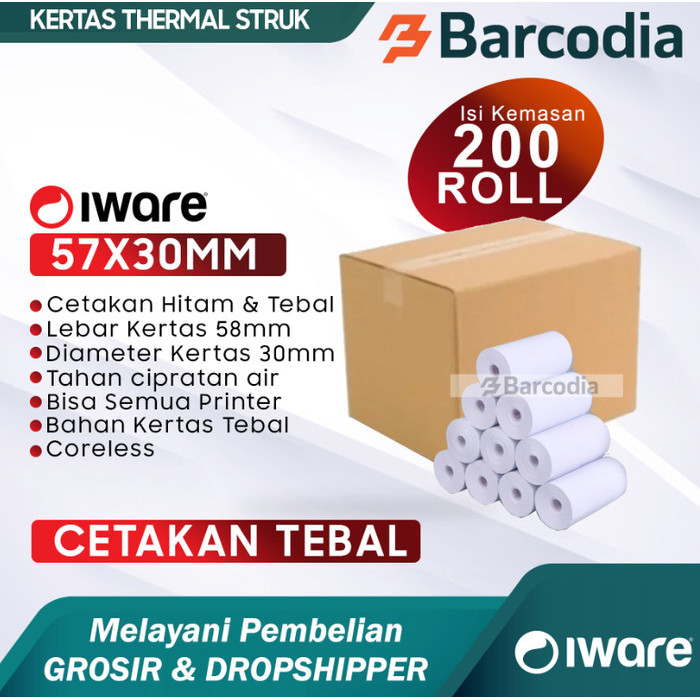 

1 Dus (200 Pcs) Iware 57X30 Kertas Thermal Roll Struk Kasir 57 X 30 New