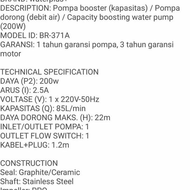 Pompa Booster Pendorong Waterplus Br 371 Cpa Pompa Dorong Kamar Mandi