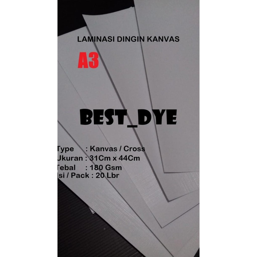 

Laminasi Dingin KANVAS 180 Gr, A3= 31Cm x 44Cm, isi / pack = 20 Lbr