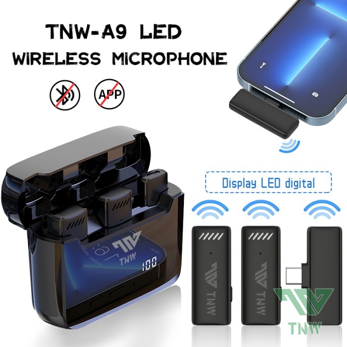 Terlaris Tnw-A9 Wireless 2 Microphone Dual Mikrofon Youtuber Vlog Charging Case