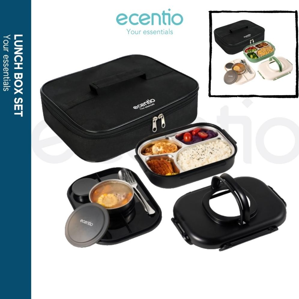 PH- ecentio 4 Sekat Kotak Makan Set 1100ml anti tumpah Lunch Box Set Stainless sendok free tempat su