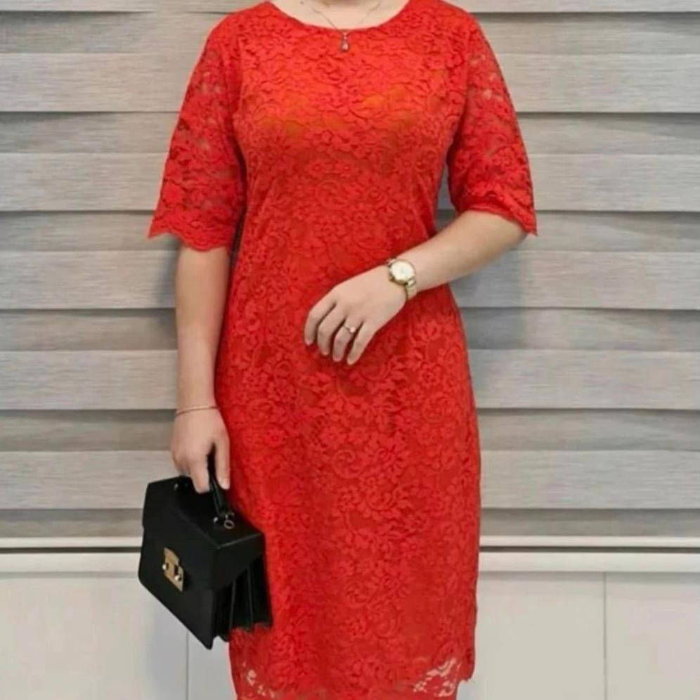 CR - Dress Brokat Full Furing Dress Brokat Slim Dress Natal Midi Dress Dress Pesta TERLARIS