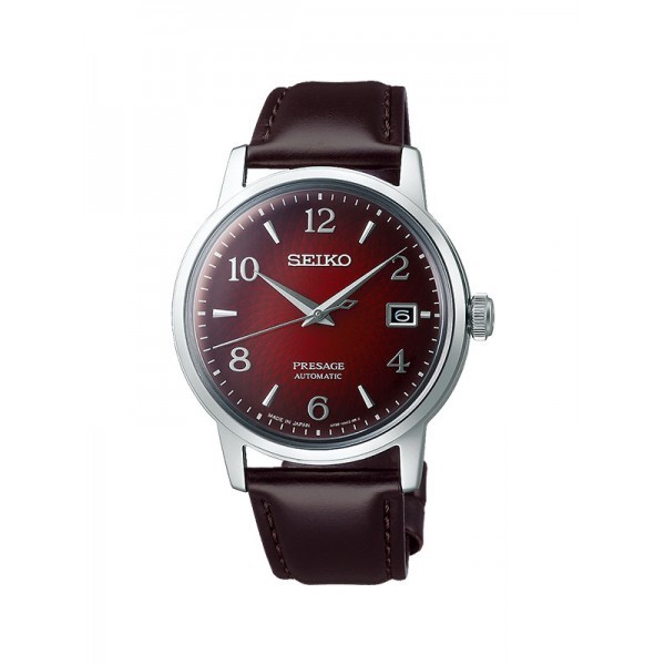 Jam Tangan Seiko Presage Cocktail Negroni Red Dial Pria  Original Brown Leather SRPE41 J1