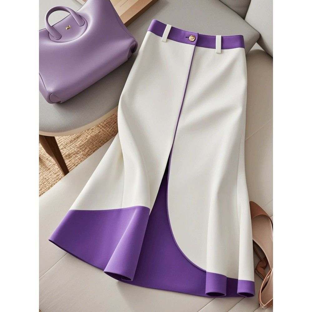 baju wanita-Rok Menggantung Pelangsing Pinggang Tinggi, Rok Setelan Putih Ungu Elegan