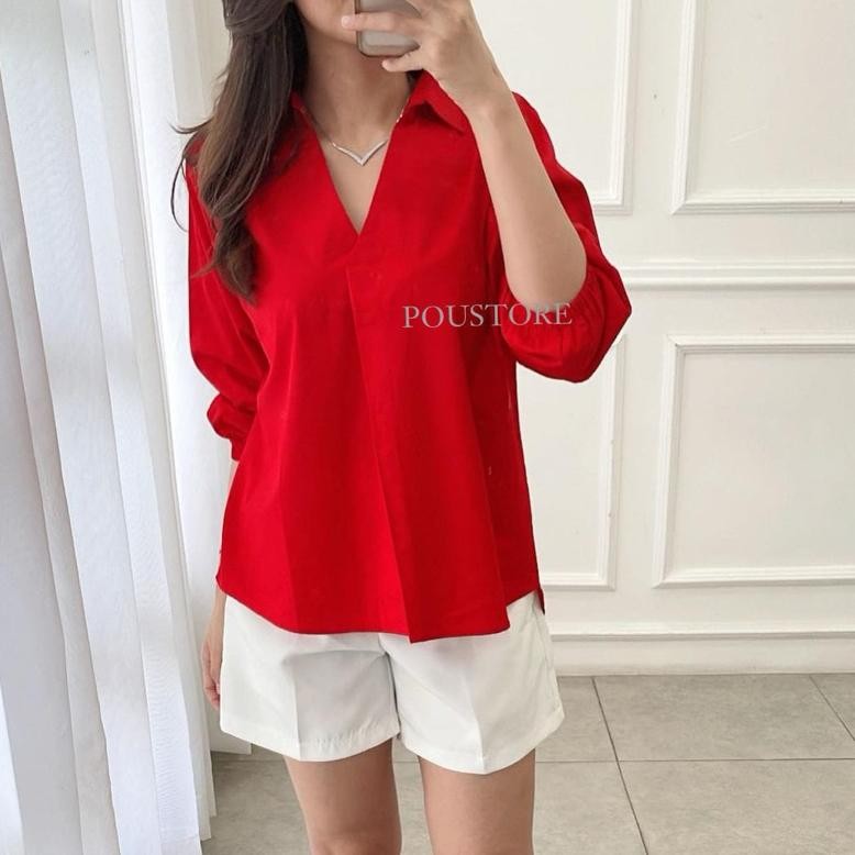 Kemeja Spesial Merah  Wanita Vneck / Kemeja Merah / Kemeja Maroon / Kemeja Imlek / Kemeja Chongsam