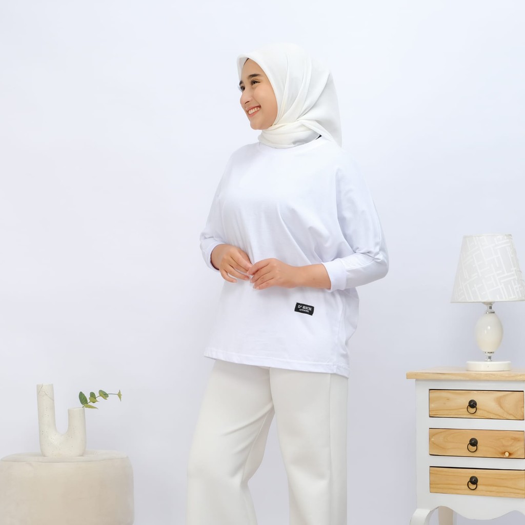 Kaos Tunik Model Putih Batwing Polos Wanita Warna Putih Lengan Panjang Kekinian