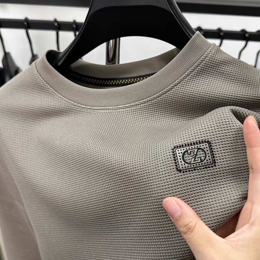 Waffle Sweater Men's round Neck Long Sleeve T Men's Solid Color Shirt