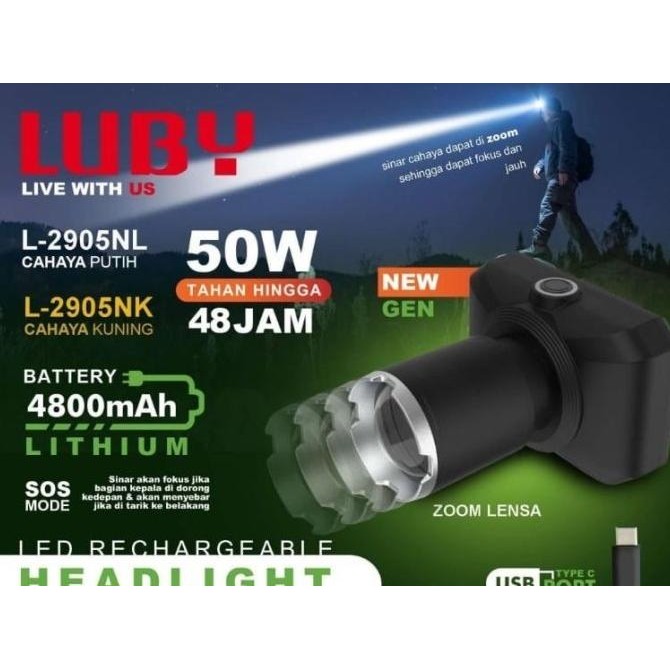 

TERSEDIA HEADLAMP LUBY LED L2905 SENTER KEPALA ZOOM 50W 50 WATT CAS ULANG L-2905