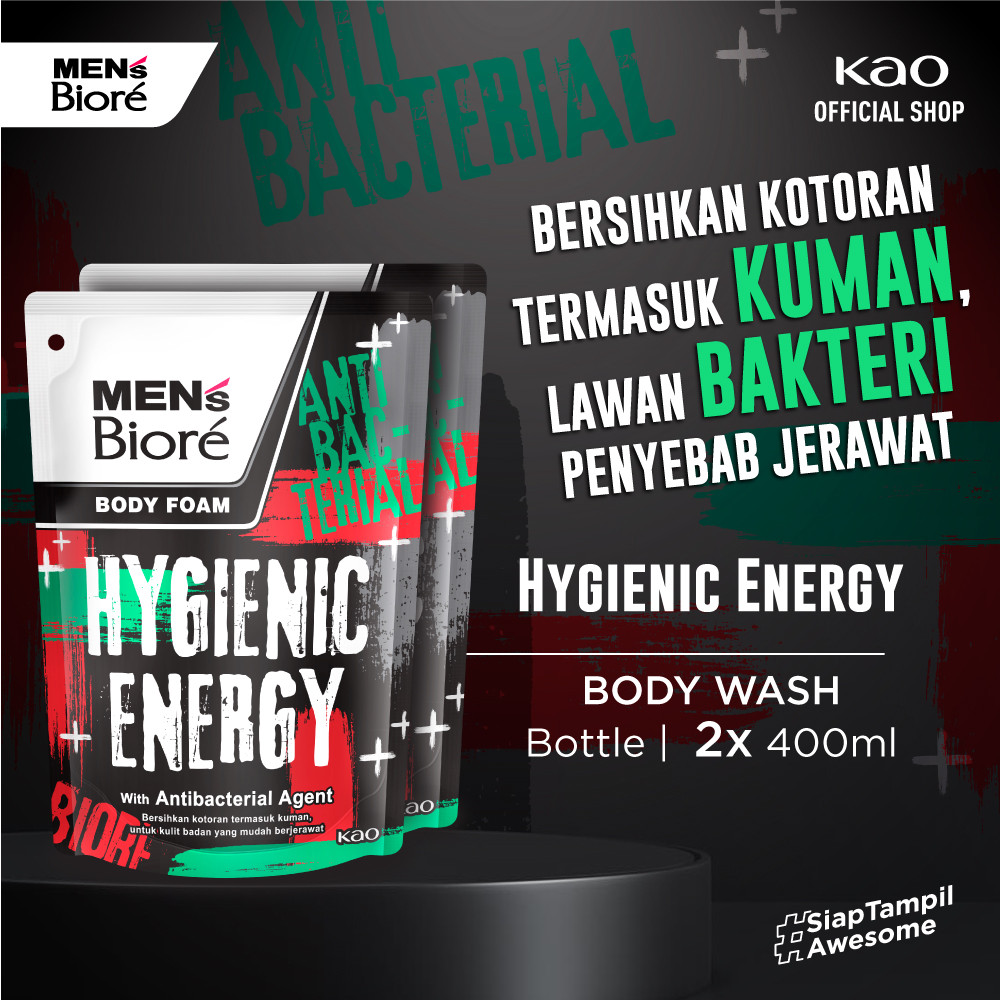 Men's Biore Sabun Mandi Cair Untuk Pria Hygienic Energy Anti Bakteri Refill 400 ml Twin Pack - Sabun
