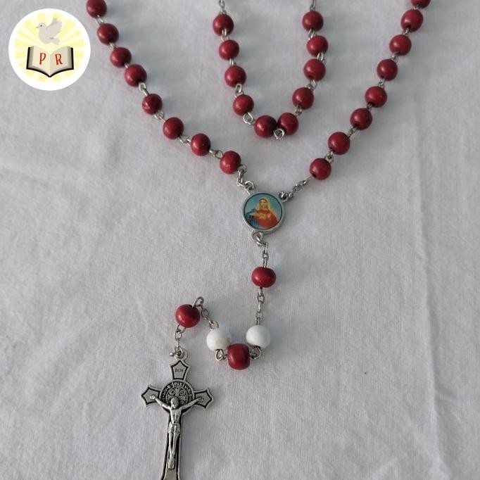 ROSARIO MERAH PUTIH - BAHAN KAYU UNTAI KAWAT - KATOLIK - DIAMETER 4 MM