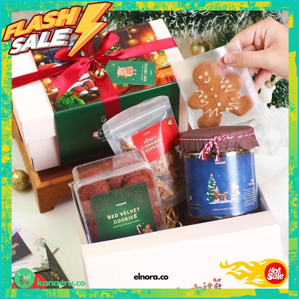 

Hampers Natal / Christmas Hampers - Semi Hardbox - Red Velvet Cookies + Oatmeal Cookies + Ginger Bread Cookie + Granola + Free Kartu + Pita + Lonceng + Voucher + Bubble Wrap | Luckybite Murah