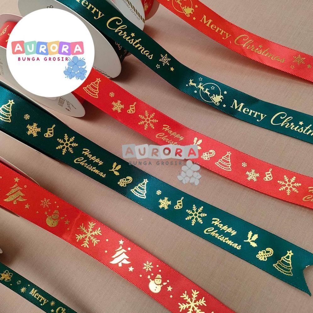 

(1 Roll 22Meter) Pita Natal Pita Satin Christmas Ribbon Gift Hampers Kado Dekorasi Natal Motif Merry Christmas Siap Kirim