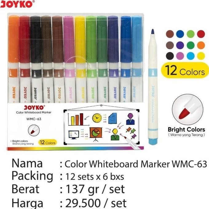 

BEBAS ONGKIR - Spidol Warna Papan Tulis Color Whiteboard Marker Joyko WMC-63 12 Warna