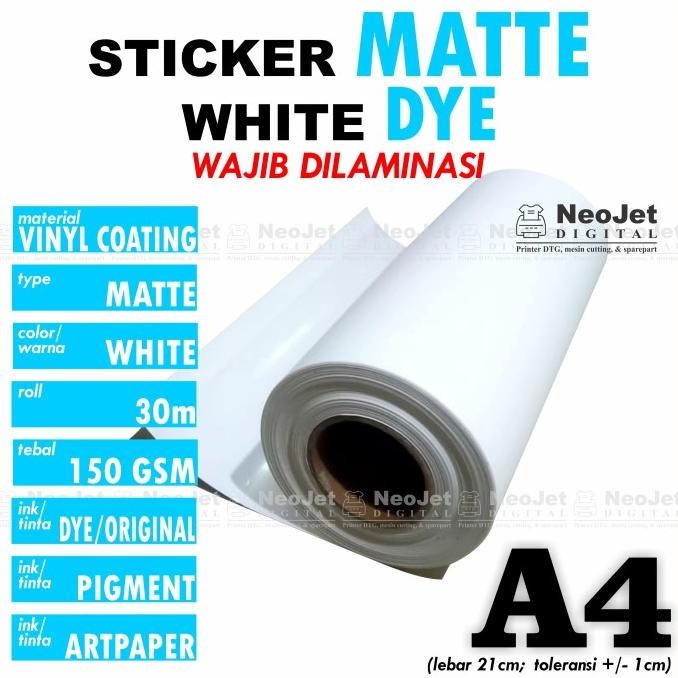 

BEBAS ONGKIR - Stiker Sticker Vinyl Matte Inkjet DYE Doff Doft Mate A4 Putih Matt