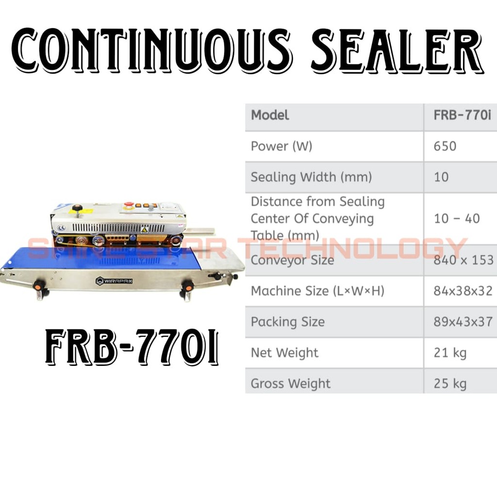 Wirapax Continuous Sealer Machine Mesin Seal Body Stainless Horisontal FRB-770I WIRAPAX