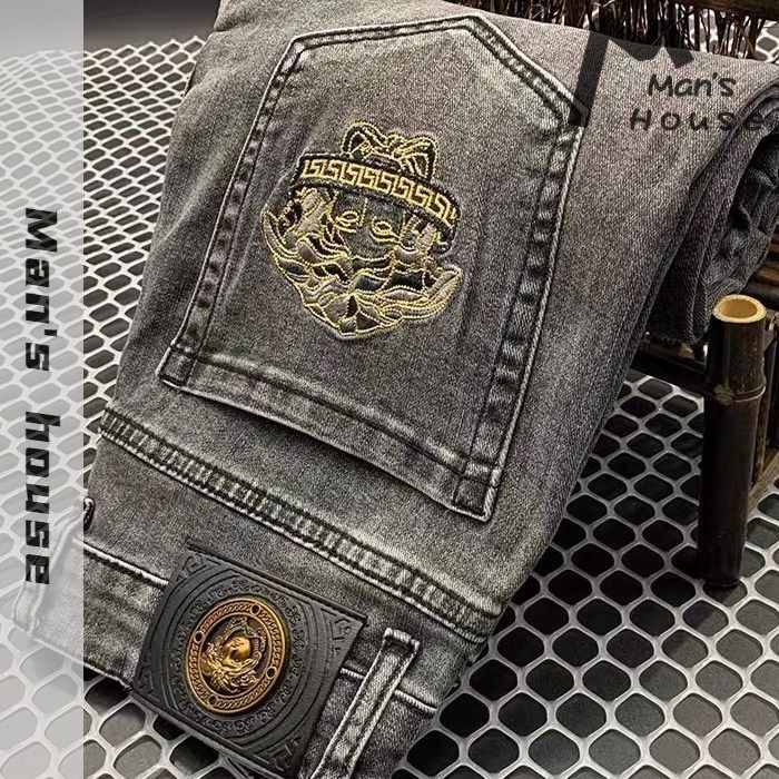 Jeans Hitam dan Abu-abu untuk Pria, Celana Panjang Ketat Elastis Bordir Kelas Atas Gaya Korea untuk 