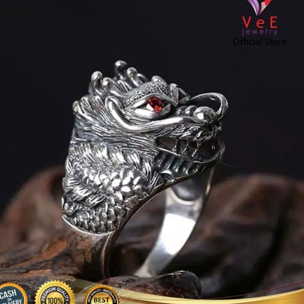 Cincin Titanium Perak Kepala Naga Ruby Merah Delima - Vee Cincin Pria