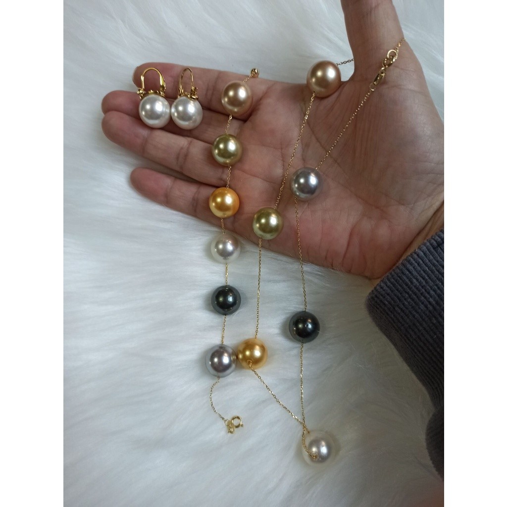 Satu Set 14Mm Shell Mutiara Abu-abu Emas Putih Hitam Hijau Champagne Shell Kalung Mutiara + Gelang +