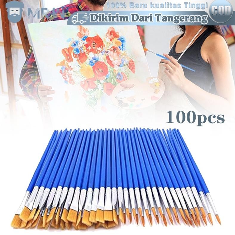 

100pcs Kuas Lukis Akrilik Bulu Nilon Cat Air/Kuas Cat Minyak/Set Kuas Lukis Lengkap Ujung Pointed Dan Flat - Artist Paint Brush