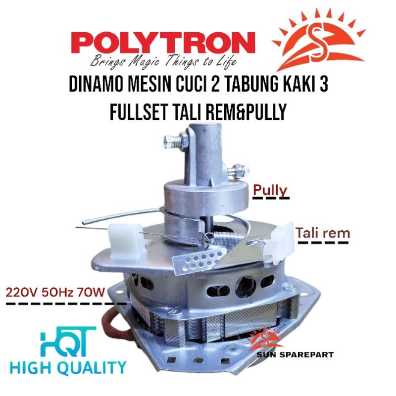 dinamo spin pengering mesin cuci Polytron 2 tabung fullset tali rem pully 70watt
