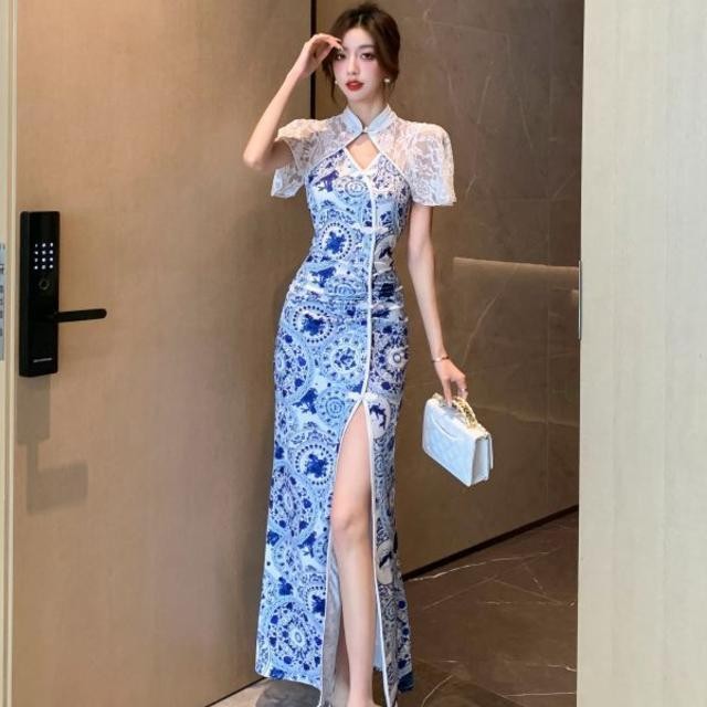 Printed Pattern Improved Cheongsam Sexy Slit Dress Host Temperament Dress