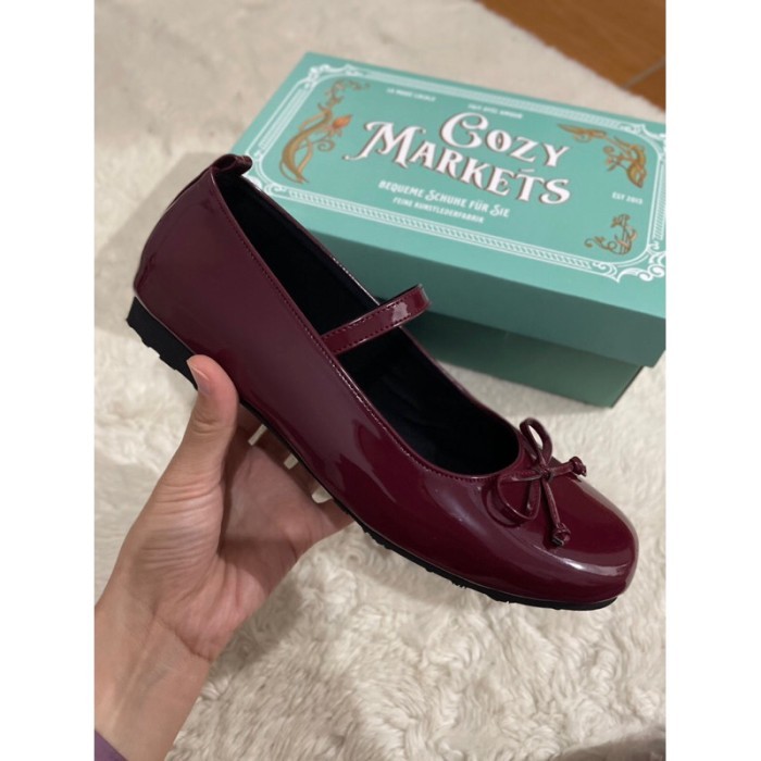 (Ready Siap Kirim) Cozymarkets - Nete Ribbon Ballet Flatshoes Warna Glossy Burgundy