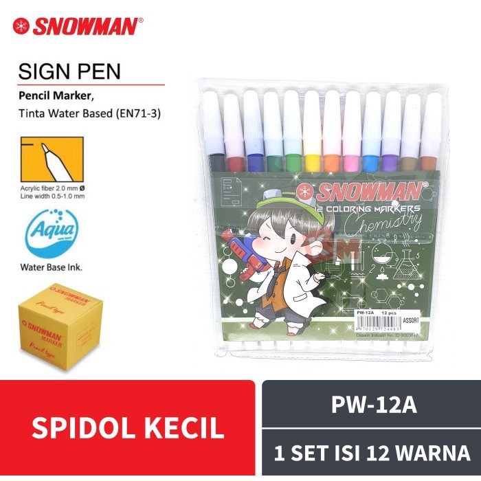 

BEBAS ONGKIR - Pencil Marker / Spidol Kecil Snowman PW-12A PW12A 1 Set Isi 12 Warna