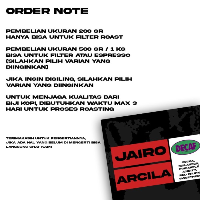 

Biji Kopi Arabika Manual Brew - Jairo Arcila Decaf Natural - 500 Gr