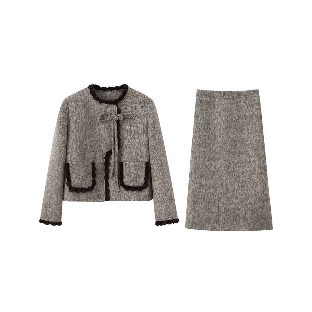 Women's Chic Chanel-Style Gray Jacket Suit Skirt Plaid Long-Sleeve Suit