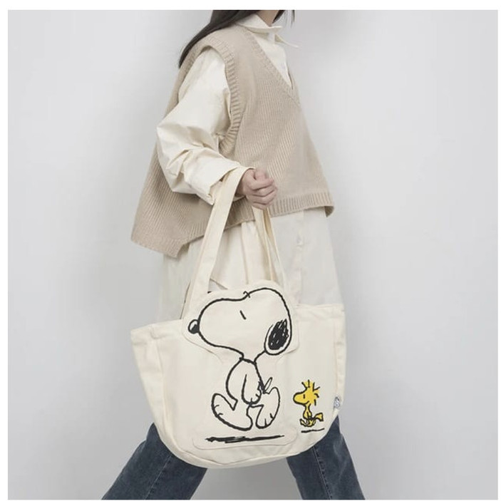 Tas Snoopy ORI Beige Tote Bag Bahan Canvas