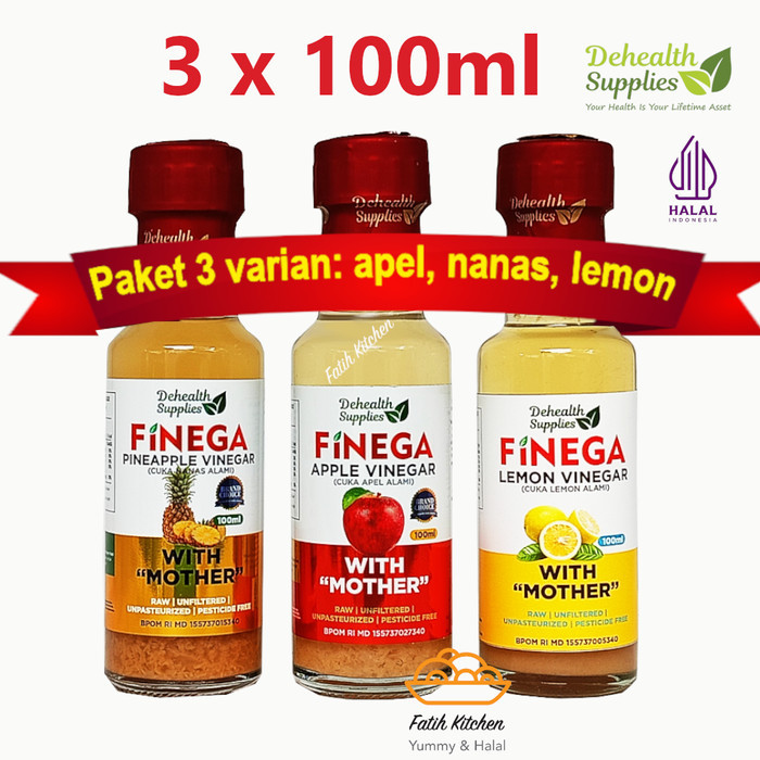 

Vinega Paket 3 Varian 100 Ml Cuka Apel, Nanas, & Lemon Halal