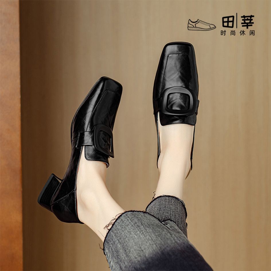 Retro Square Toe Leather Shoes Loafers British Style Chunky Heel Pumps Shoes