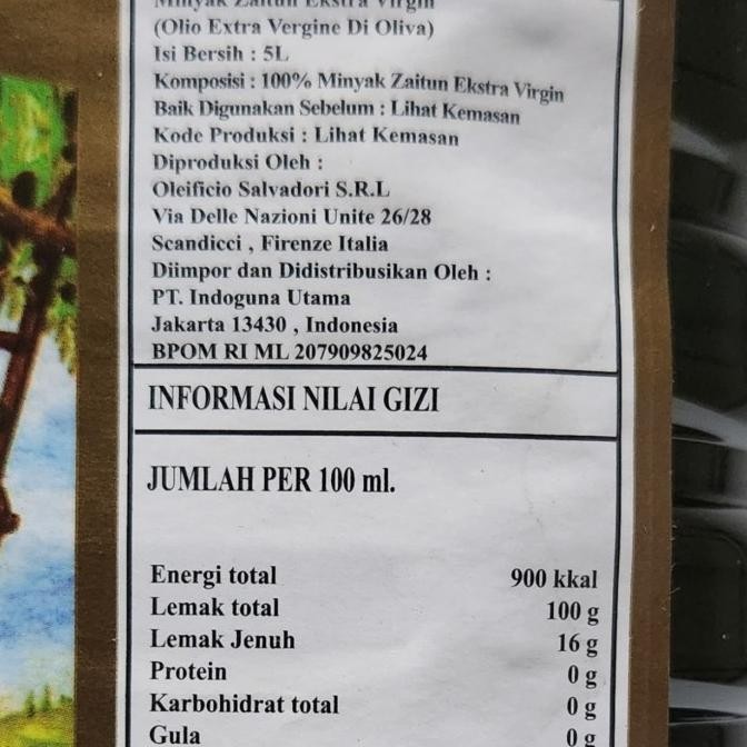 

Salvadori Extra Virgin Olive Oil 5L - Minyak Zaitun Ekstrak Italy 5L