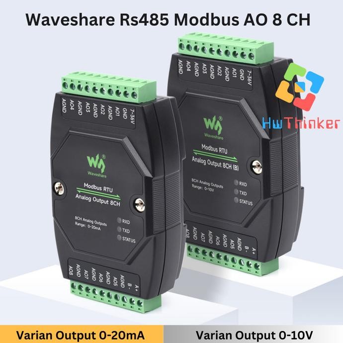 Waveshare Modbus RTU RS485 Analog Output 8CH (B) 8AO Isolated Voltage 0-10 or Current 0-20mA DIN RAI