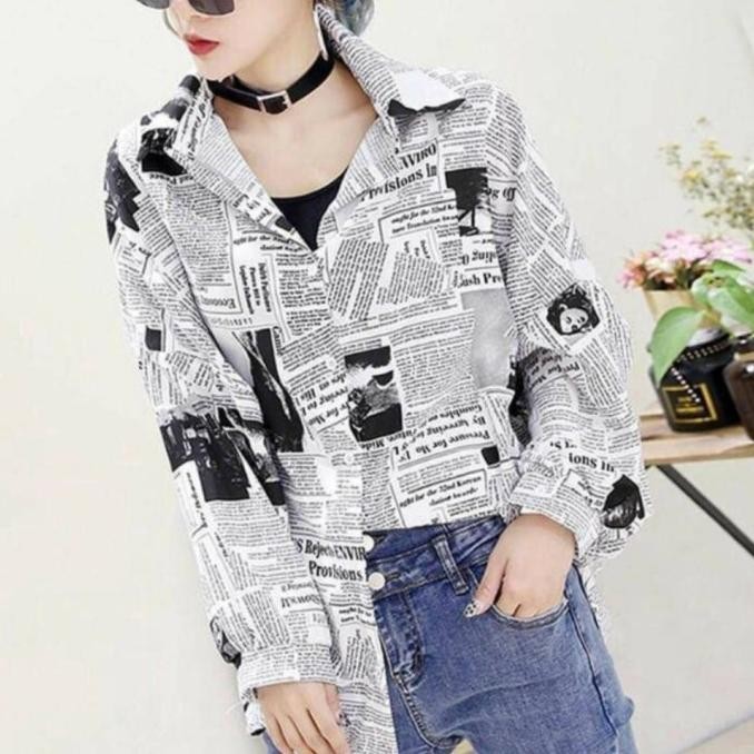 atasan wanita pakaian kemeja motif koran baju hem shirt vintage unik H24ID