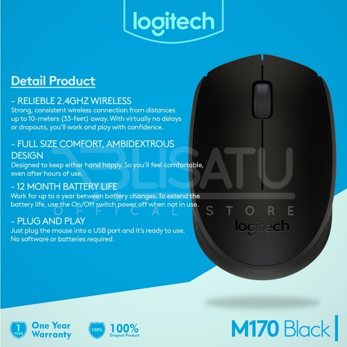 

Logitech M170 Wireless Mouse Garansi Resmi - Black #Original