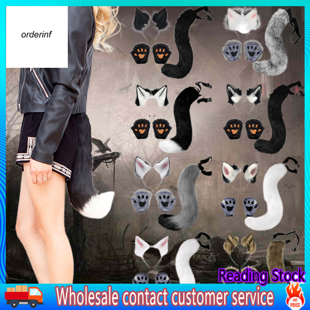 OR_ Set Telinga dan Ekor Serigala Ekor Hewan Berbulu Ikat Rambut Telinga Kucing Buatan Tangan Kit Sa
