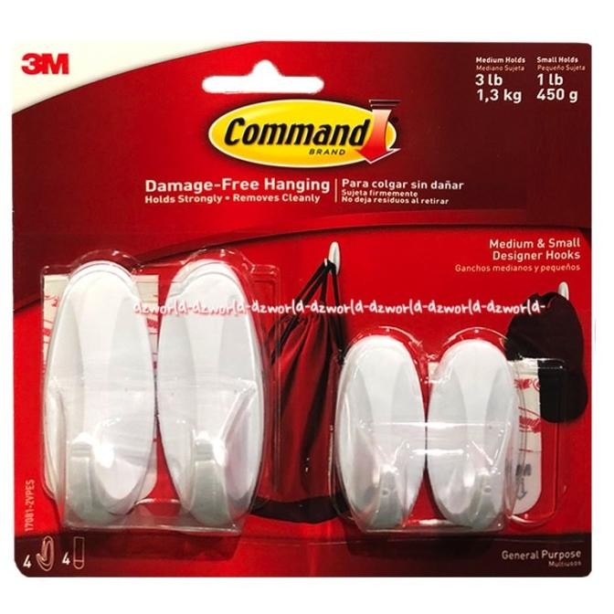 

3M Command Medium Small Designer Hooks Alat Tempat Kecil 4pcs
