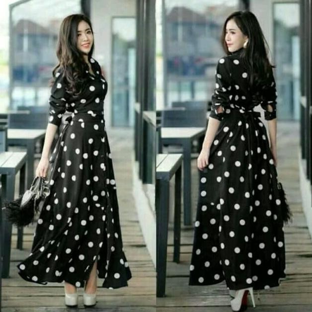 GAMIS DRESS PANJANG HITAM POLKADOT PUTIH POLKA SERRA