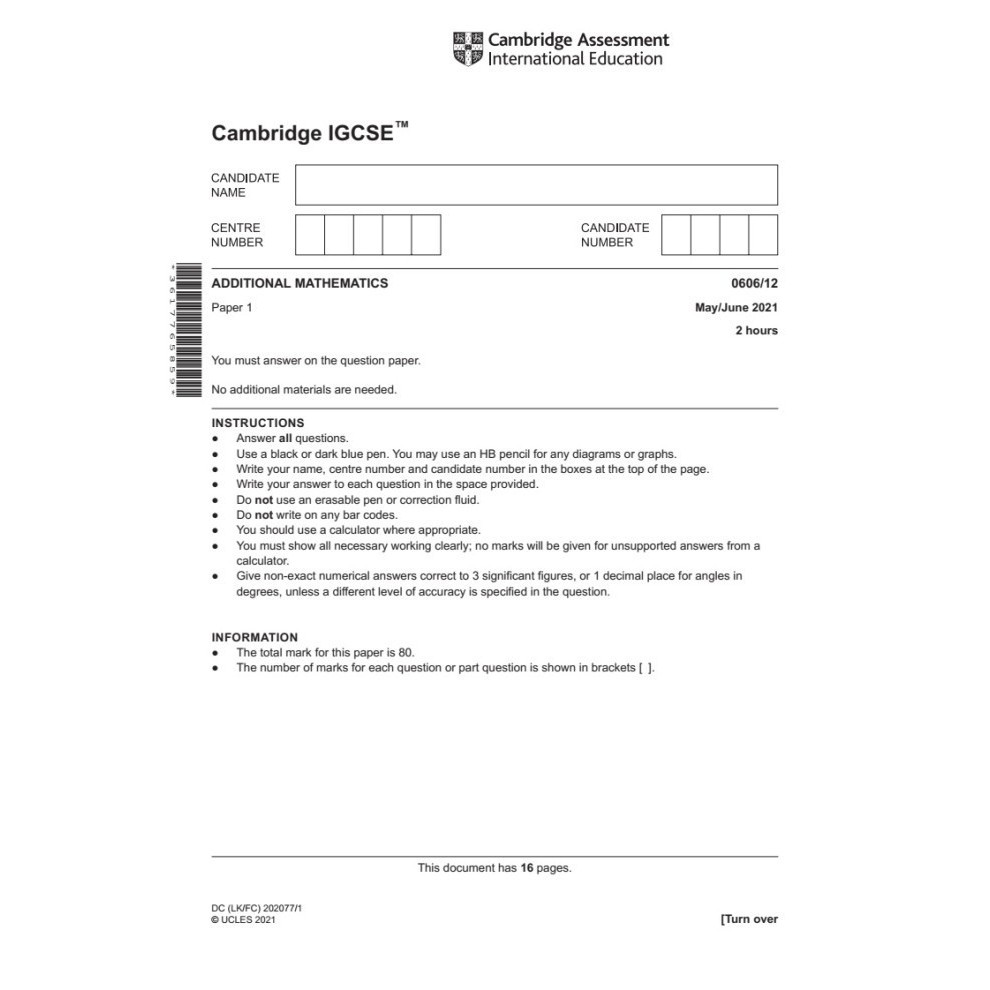 Igcse Add Math 0606 2019-2022 May/June Past Papers Only, No Keys. Terlaris 100 % Original