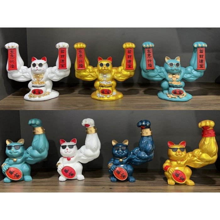 Patung Kucing Hoki Berotot Besar Maneki Neko Muscle Lucky Cat Atletis