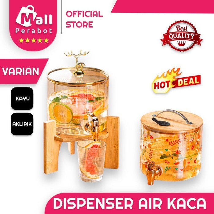 Dispenser Air Kaca Ketel Dingin dengan Tatakan Kayu Tempat Minum 2,6L